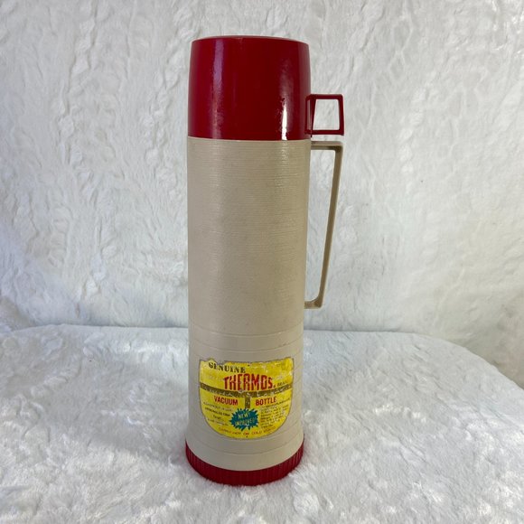 Vintage Genuine Vacuum Bottle Thermos 1960 Glass lined 1qrt Tan Red Model  #2402 - Picture 3 of 9